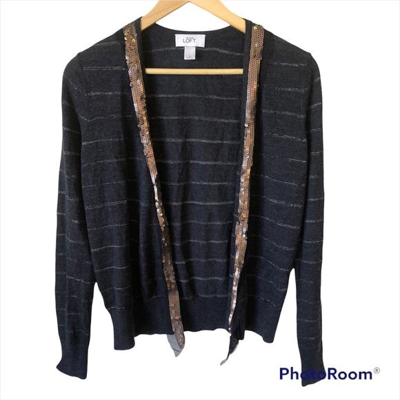 Ann Taylor Loft Wool Cardigan Women’s Small Sequin Striped Gray Sweater Metallic - Picture 1 of 6